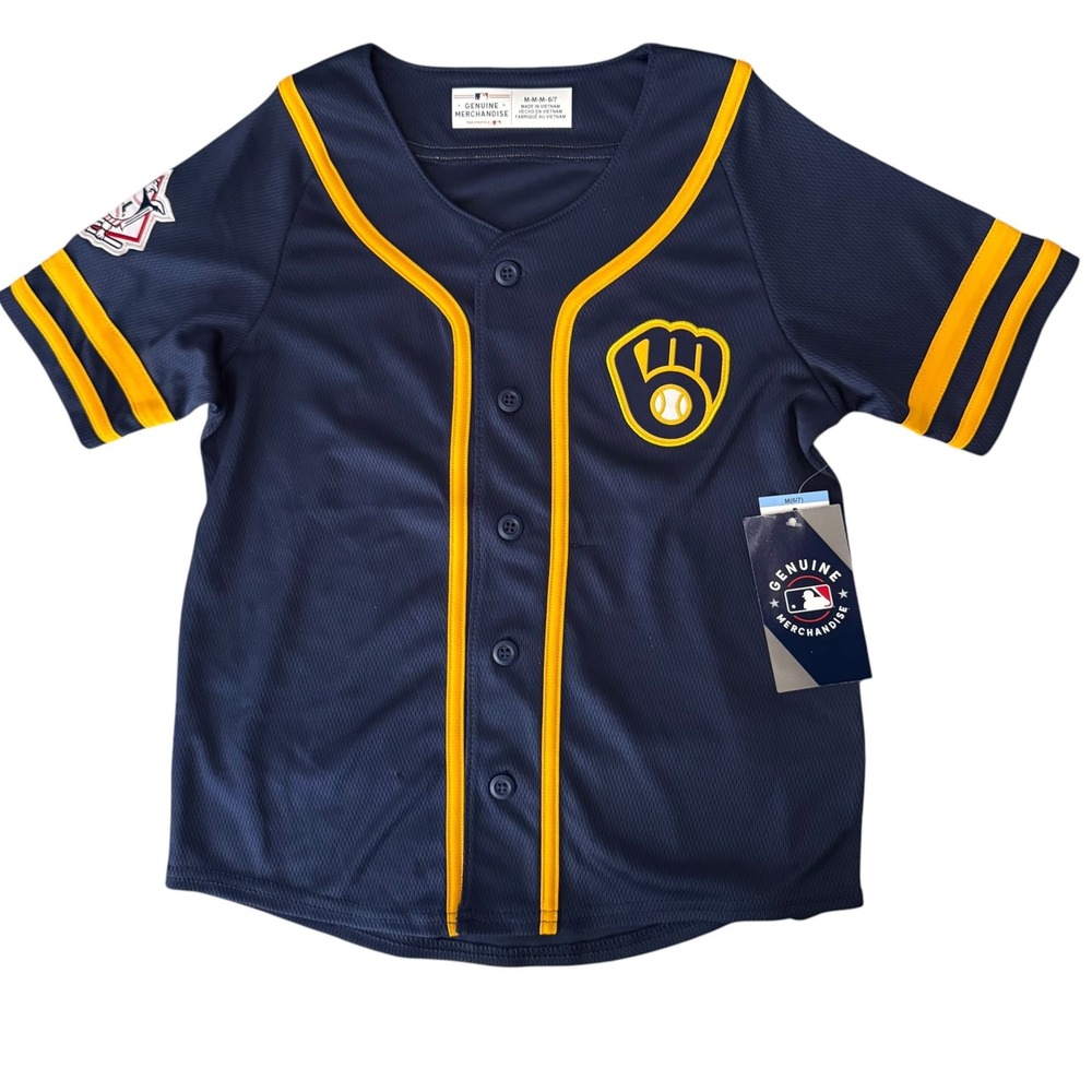 Milwaukee Brewers MLB Kids Baseball Jersey Navy Gold NWT Size M-6/7